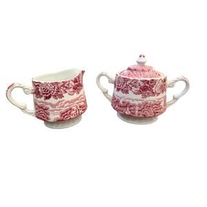 Enoch Woods Ware English Scenery Creamer Jug & Sugar Bowl Set Red Pink